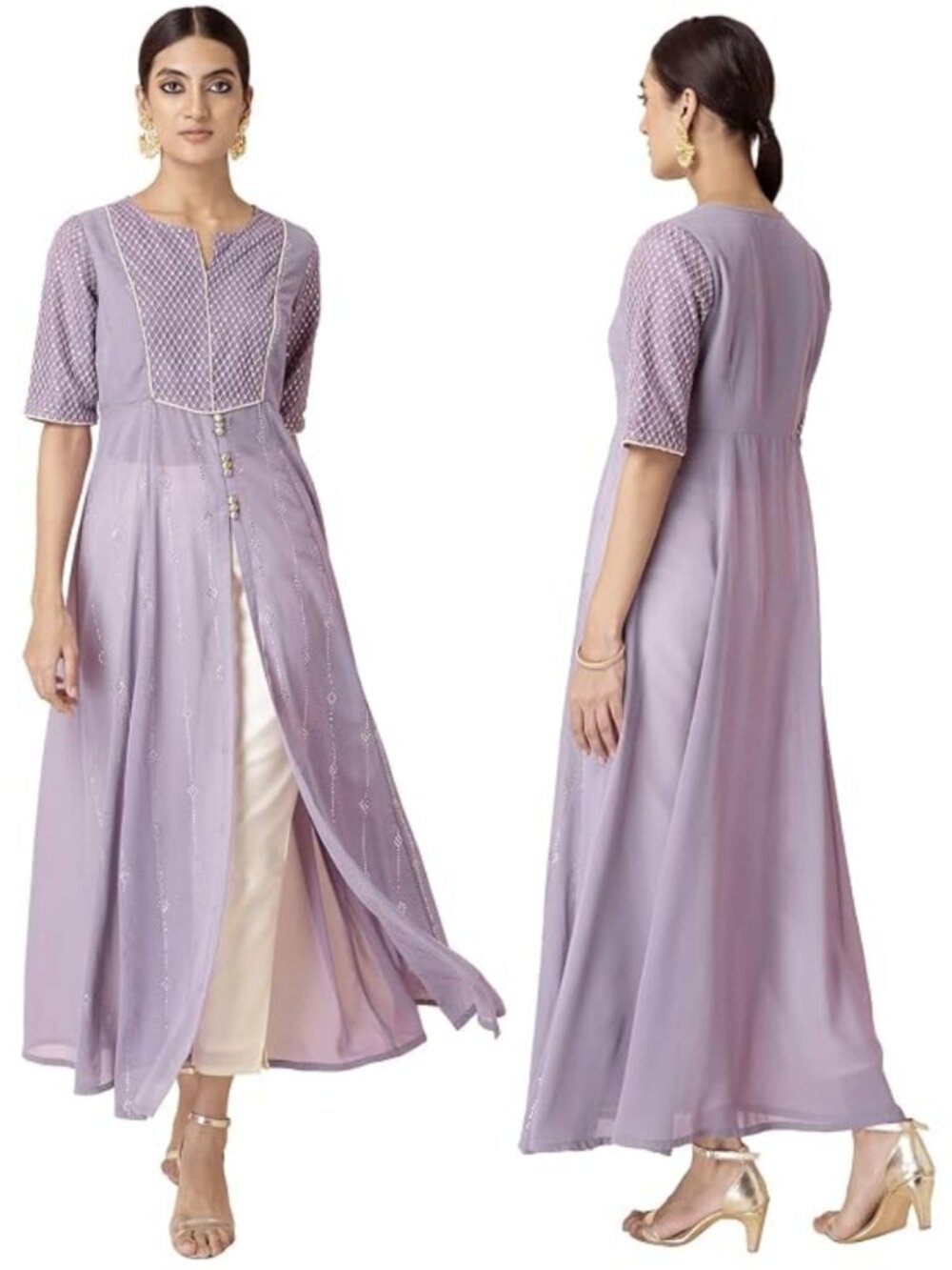 Indya Georgette Lavender Embroidered Foil High Slit Kurta ~ Small